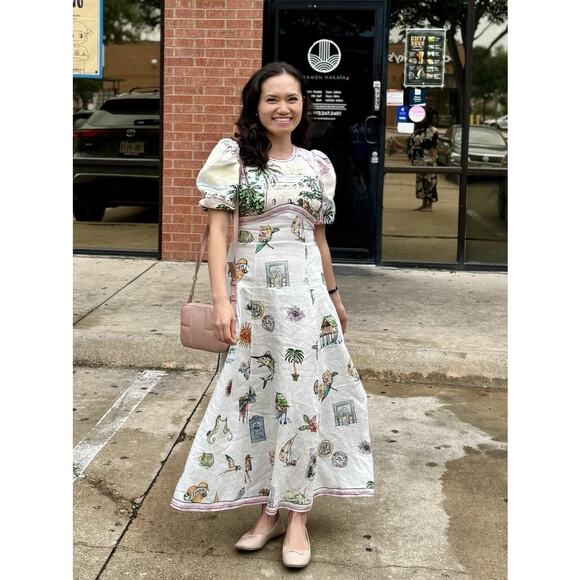 ALÉMAIS White Tropical Print Puff Sleeves Linen Sunset Vacay Dress size US 8 - Picture 1 of 16